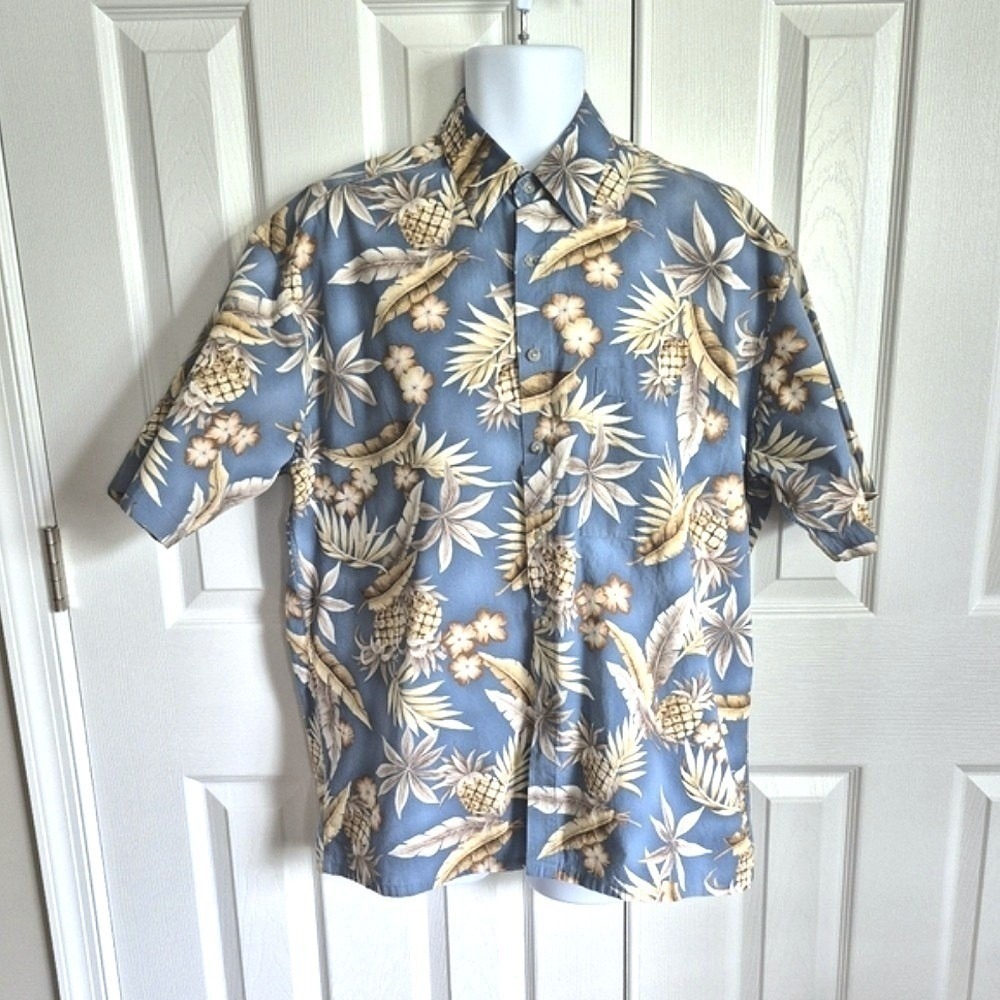 Vintage Campia 100% Cotton Button Down Light Blue Tan Hawaiian Shirt Mens L